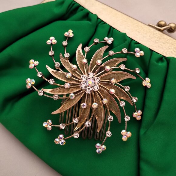 1960s heiress! Stunning Mid-Century Gold-Tone Aurora Borealis Hair Clasp - Picture 1 of 10